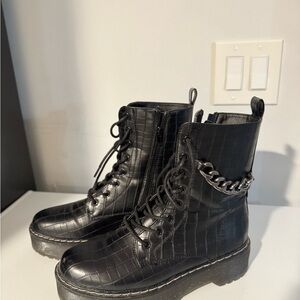 Black Croc-Embossed Lace-Up Boots